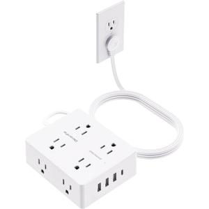 Surge Protector Power Strip 10 ft Cord, Olcorife Ultra Thin Flat Plug Extension Cord, 8 Outlets 4 USB Ports(1 USB C), Flat Plug Outlet Extender, College Dorm Room Essentials, White