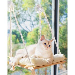 Cat Window Perch with Industrial-Grade Suction Cups - Solid Pine Wood Hammock Bed, Soft Cushion - 42 lb Capacity for Cats Inside (Medium, Beige)