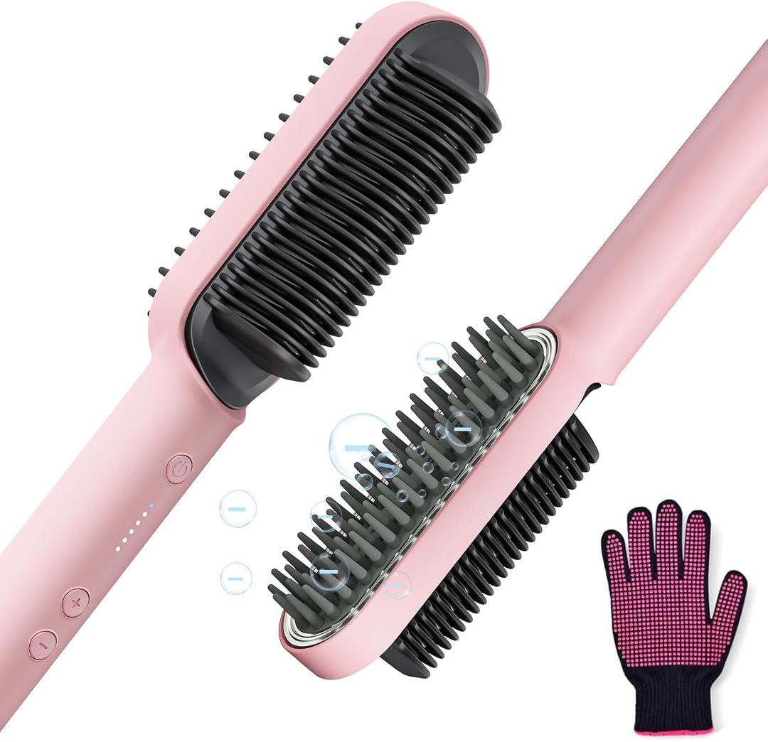 ISTORAGE Hair Straightener Brush, Ring Ionic Hair Straightener Comb Ceramic Straightening Brush for Women with 5 Temps 15s Fast Heating & Dual Voltage, Pink ISTORAGE Hair Straightener Brush, Ring Ionic Hair Straightener Comb Ceramic Straightening Brush for Women with 5 Temps 15s Fast Heating & Dual Voltage, Pink