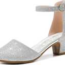 Girls Dress Shoes Closed Toe Chunky High Heels Ankle Strap Wedding Party Pump Shoes (3 Big Kid, Lovely Glitter Silver)