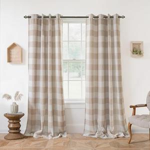 DriftAway Buffalo Plaid Blackout Curtains Linen Textured Farmhouse Double Layer Thermal Insulated Yarn Dyed Woven Checkered Gingham Grommet Drapes for Living Room 2 Panels Each 52W x 84L Taupe ( 2 Packs of 2 , 4 Total)