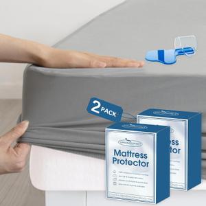 2 Pack Twin Mattress Protector Waterproof, Twin Size Mattress Pad Cover for Kids, Soft & Breathable Twin Fitted Bed Sheet for Single Bed with Deep Pocket Up to 14 Inches, Gray