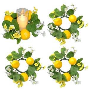 3Pcs Lemon Candle Rings Wreaths 3inch Center Decorative Greenery Candle Holder Rings with Flowers Spring Mini Wreaths for Pillar Wedding Farmhouse Front Door Wall Table Centerpiece Home Decorations