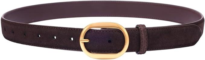 Womens Leather Suede Belt Brown Waist Belt for Casual Dress Jeans Ladies Genuine Leather Gold Buckle Belt, 39 Inch Length