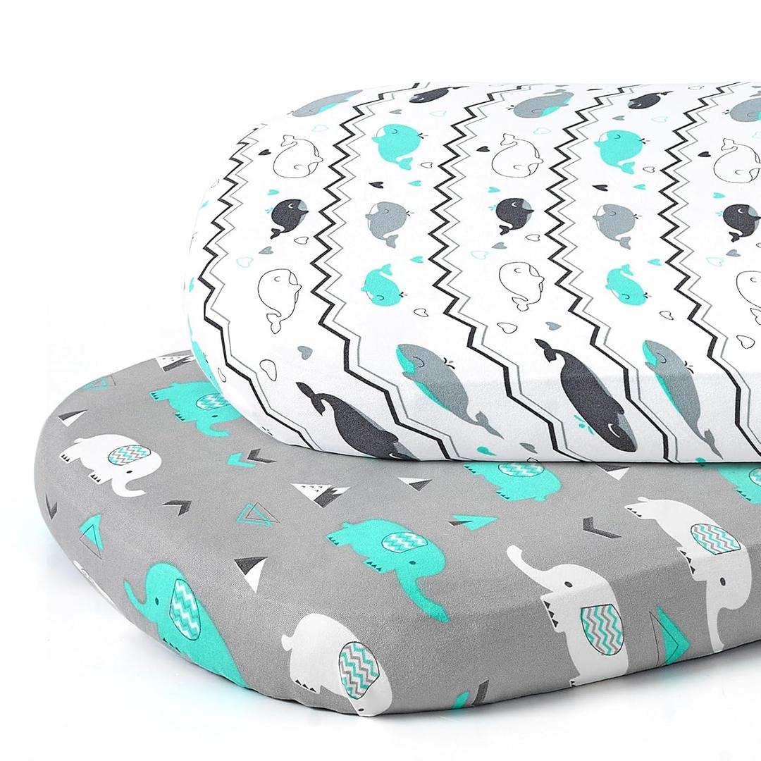 Stretch Fitted Bassinet Sheet Set BROLEX 2 Pack Cradle Sheets for Bassinet Pad/Mattress,Unisex Boys Girls,Ultra Soft,Elephant Whale (Elephant Whale)