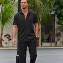 COOFANDY Men's 2 Piece Outfit Casual Short Sleeve Button Down Shirt Beach Summer Loose Pant Sets (Large, Black)