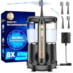 Electric Toothbrush with Water Flosser, Upgraded 2.0 Electric Toothbrush for Adults, 5 Floss Speeds & 3 Modes with 3 Brush + 1 Nozzle, 500ML Tank, IPX7 Waterproof for Braces & Gum Care (Black Gold)