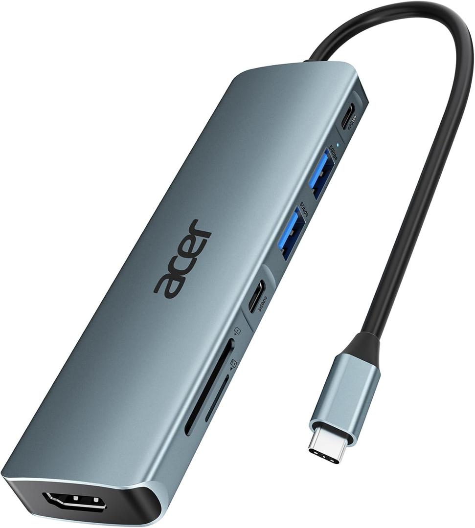 Acer USB C Hub, 7 in 1 USB C to HDMI Splitter, 2 USBA 3.1 GEN1 and 5Gbps Type-C Data Port, Type C Adapter with 4K HDMI Port, PD 100W Charging, SD Card Reader, for Laptop, PC, Desktop and More (Space grey)