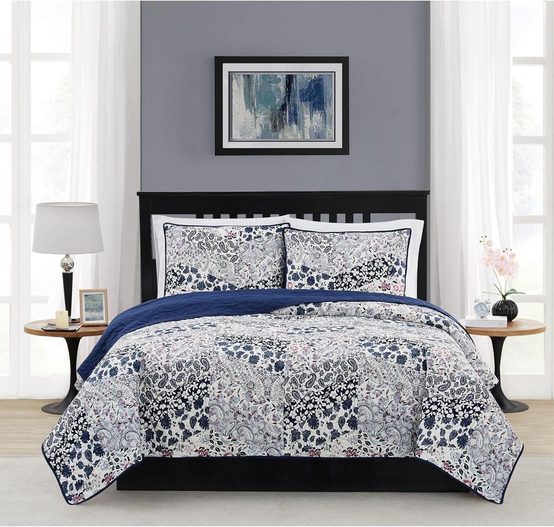 CANNON Chelsea Blue Multi Polyester 3-Piece Full/Queen Quilt Set, Floral Themed, for Men and Women, Oeko-TEX Certified Confidence