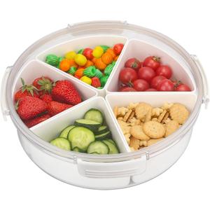 Divided Serving Tray with Lid, Removable Divided Platter Snack Box Container, Snackle Box Food Storage Charcuterie Containers, Fruit Snack Tray for Party, Veggies, Snack, Fruit, Nuts, Candy, Chip (Round, White-5 Compartments)