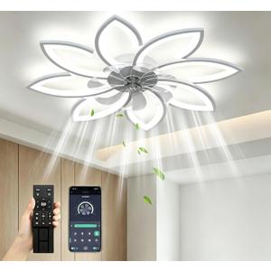 SPEVCH 35" Ceiling Fans With Lights and Remote,Low Profile Ceiling Fan 6 Speed Super Quiet Reversible Motor,Modern Ceiling Fan With 3 color Stepless Dimmable for Bedroom/Living Room/Kids Room(White)