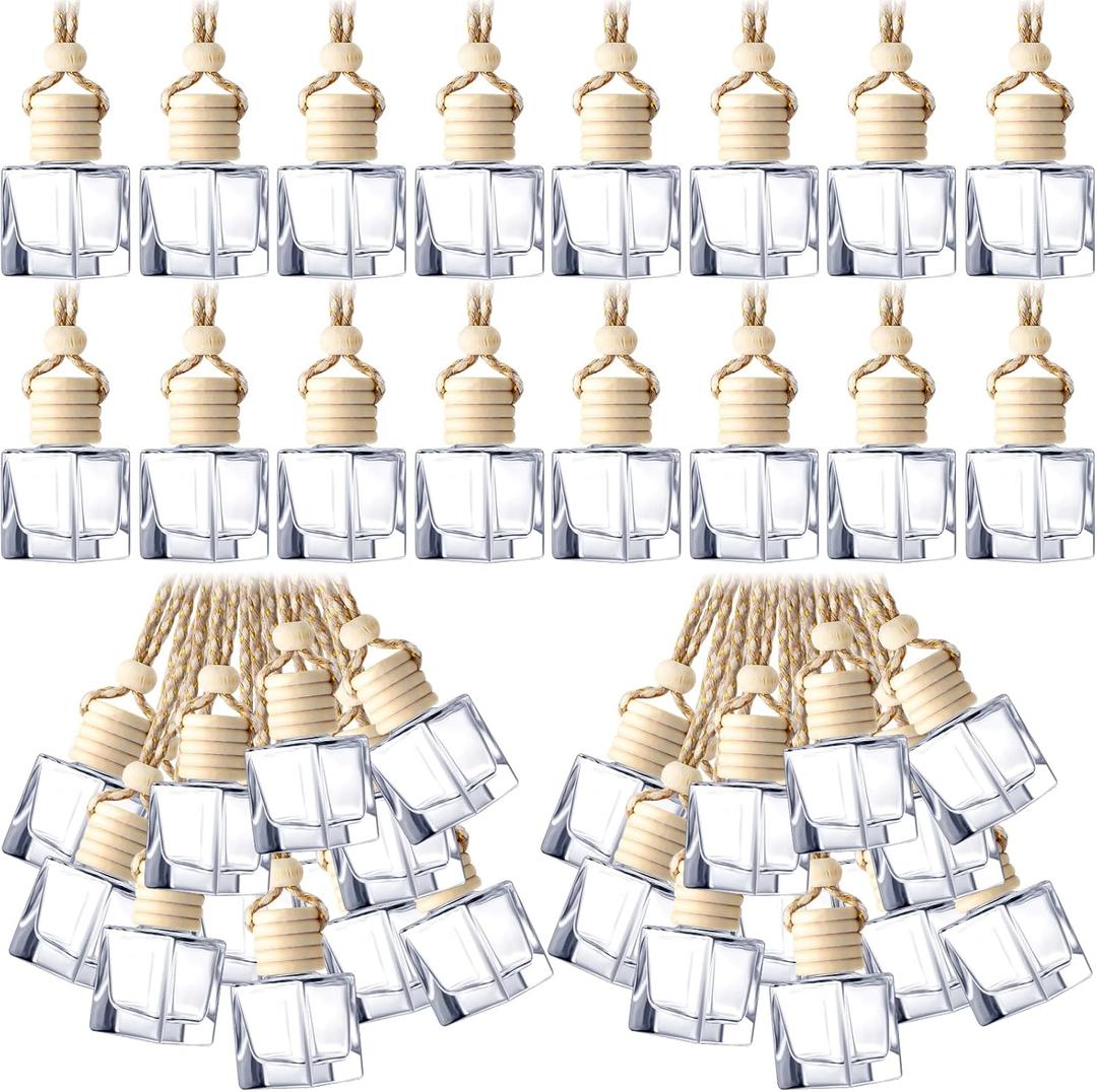 BBTO 200 Pcs Hanging Car Diffuser Bottles Bulk, Empty Clear Glass Air Freshener Bottles with Wooden Cap for Perfume Essential Oils Fragrance Aromatherapy Ornament(Square)