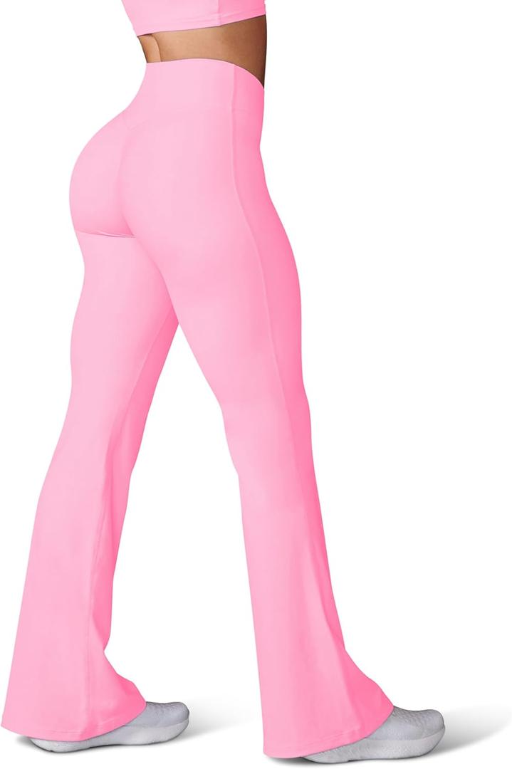 HEGALY Women's Flare Yoga Pants - Crossover Flare Leggings Buttery Soft High Waisted Workout Casual Bootcut Pants Lounge, Large, Barbie Pink