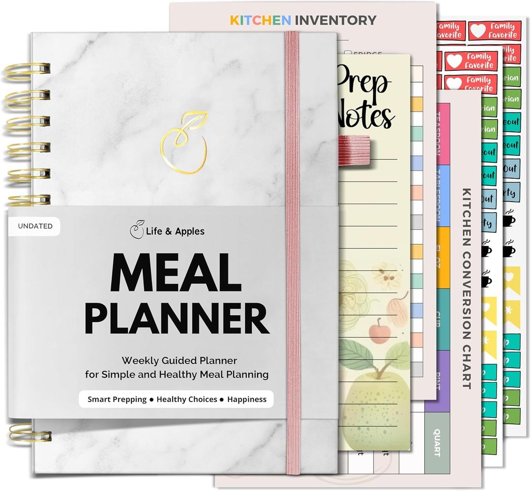 Life & Apples Meal Planner with Grocery List  Undated Weekly Menu & Meal Prep Notebook for Women & Men, Healthy Eating & Weight Loss Planner, 52-Week Spiral Bound Journal, Marble