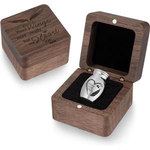 XIUDA Wooden Mini Memorial Small Urns for Ashes Stainless Steel Cremation Mini Urn with Black Walunt Box Funeral Heart Wings Keepsake Urn for Ashes