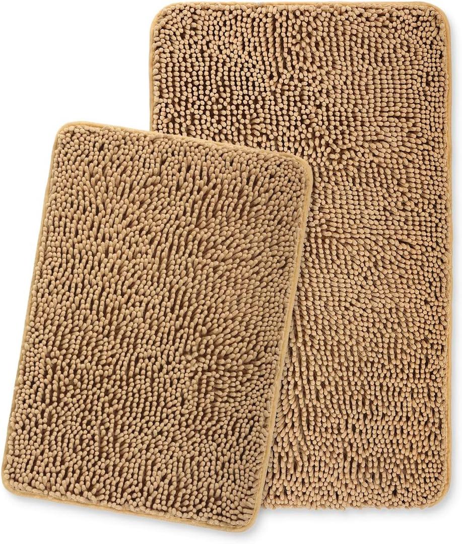 Yeaban Bathroom Rugs Sets 2 Piece  Thick Chenille Bath Mats | Absorbent and Washable Bath Rug Non-Slip, Plush Rugs for Bathroom, Shower, Sink(Tan, 17"x24" and 20"x32")