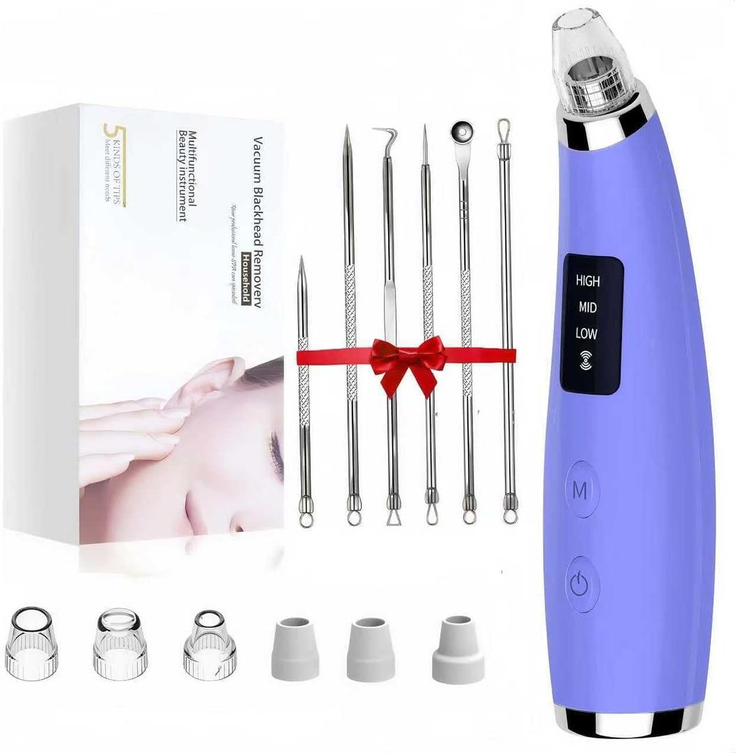 Pore Vacuum for Face & Nose - Blackhead Remover with 3 Adjustable Suction Levels, 6 Interchangeable Probes, USB-C Rechargeable, Portable Pimple Extractor Kit for Whitehead Removal (Purple)