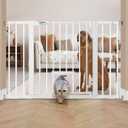 BABELIO 29-48" Extra Wide Baby Gate with Cat Door,Auto Close Metal Pet Door for Stairs, Doorways, House, Pressure/Hardware Mounted, Easy Walk Thru, White