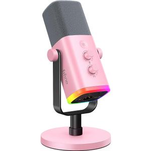 FIFINE XLR/USB Microphone, Gaming Recording PC Microphone with Headphones Jack, Mute Button, Dynamic RGB Mic for Computer, Streaming Mic for Podcasting Voice-Over YouTube Video-AmpliGame AM8 Pink