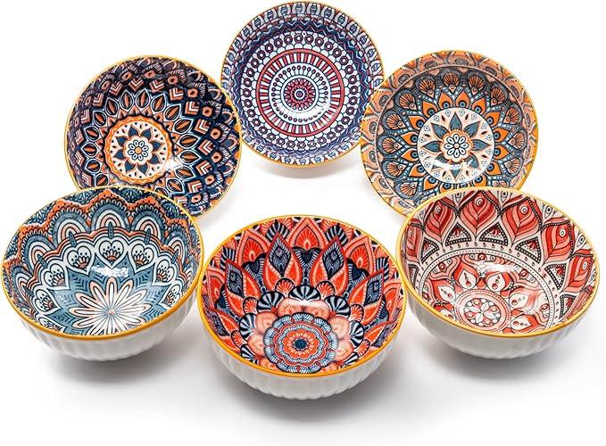 Small Mandala Porcelain Bowl Set | Bowls for Side Dishes, Dips, Snacks, Rice, Noodles, Ice Cream | Portion Control, Stackable, Microwave & Dishwasher Safe | 4.5 Inch, 10 Ounce, Set of 6
