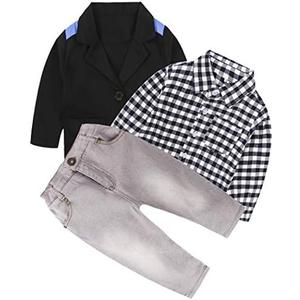 MYGBCPJS 3Pcs Boy Handsome Outfit Set Plaid Shirt + T-Shirt + Suspender Jean Sets Size 2