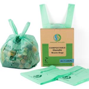 GREENER WALKER 100% Compostable Trash Bags with Tie Handles, 1.6 Gallon-150Bags, Food Scrap Kitchen Waste Bags with EN13432 Certified