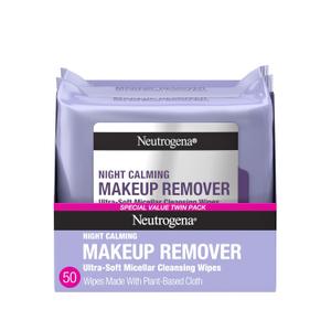 Neutrogena Night Calming Makeup Remover Face Wipes, Nighttime Cleansing Towelettes Remove Sweat, Dirt & Makeup & Calms Skin, Hypoallergenic, 100% Plant Based Cloth, Twin Pack, 2 x 25 ct