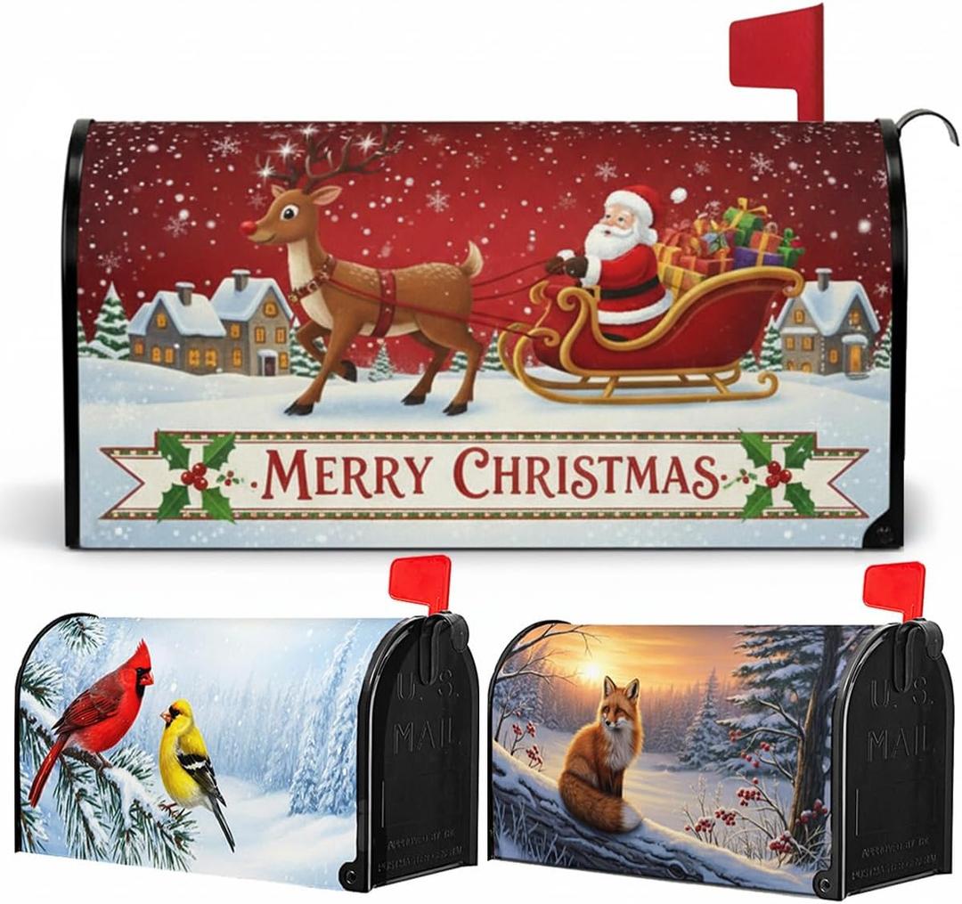 3PCs Winter Christmas Mailbox Covers Magnetic Standard Size, 21x18 Inch Santa Cardinal Snow Letter Box Cover Sets, Waterproof Holiday Mail Box Wraps Yard Garden Decorations