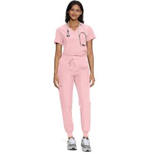 Floralhue Scrubs for Women, Women's Medical Scrub Sets, V-Neck Scrubs Top & Cargo Pants with 12 Pockets (Pink, M)