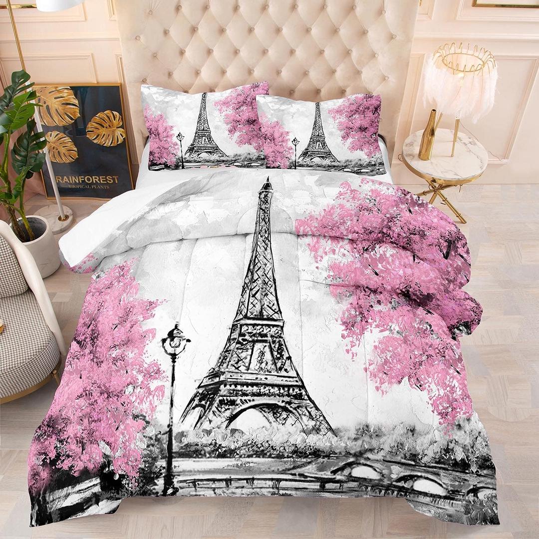 kxry Pink Paris Comforter Set King Size Eiffel Tower Flower French Style Bedding Sets for Girls Women Kids Quilted Duvet 1 Comforter + 2 Pillow Cases