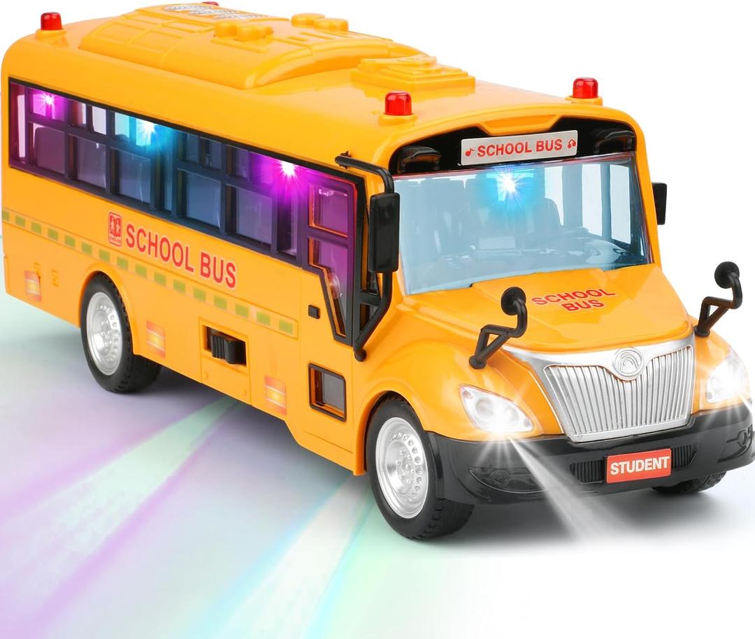 Yellow School Bus Toy for Kids1/16 Scale Interactive Friction-Powered Car with 4 Different Flashing Lights & Sounds, Open Doors & Realistic Design Preschool Learning & Role Play