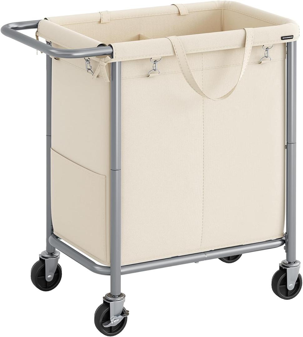 SONGMICS Laundry Basket with Wheels, 2-Section Rolling Laundry Hamper, 37 Gallons (140L), Removable Liner, Steel Frame with Handle, Blanket Storage, 27.2 x 15.4 x 31.9 Inches, Cream White URLS004W01