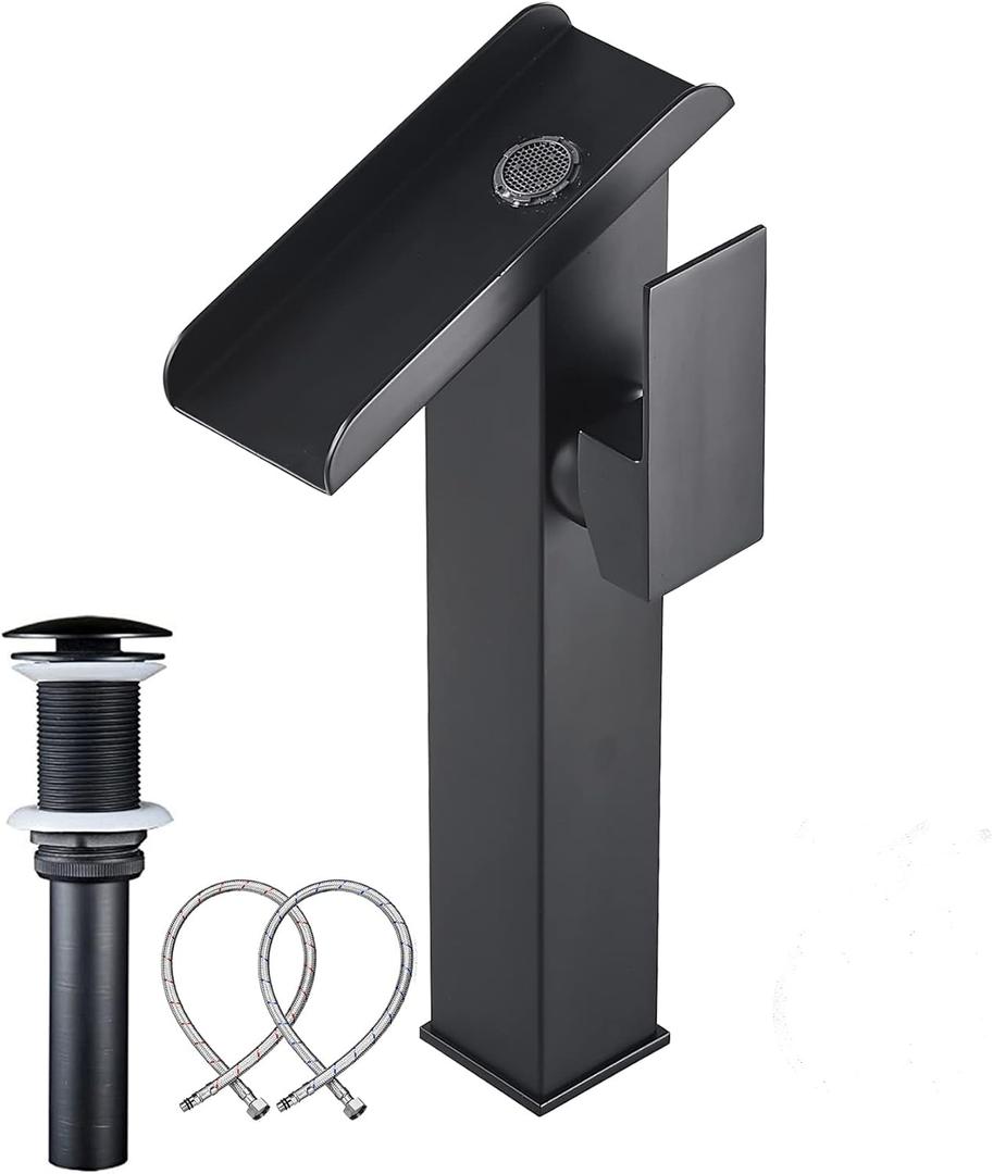 Black Vessel Faucet Open Waterfall Spout Bathroom Single Hole Right Handle Matching Pop Up Drain Stopper No Overflow Bowl Sink Tall Lavatory Vanity RV Basin Tap Deck Mount Bath Faucets Supply Lines