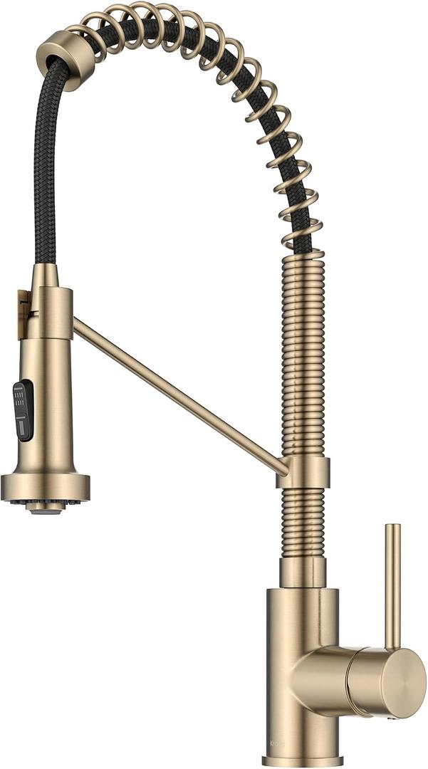 KRAUS Bolden Commercial Style 2-Function Single Handle Pull Down Kitchen Faucet in Spot-Free Antique Champagne Bronze, KPF-1610SFACB