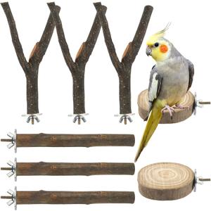 8 PCS Bird Perches for Cage, Natural Wood Parrot Perch Stand, Multi-Branch Platform with Fork Toys, Birds Cage Accessories for Parakeet Cockatiel Budgie Conures Lovebirds