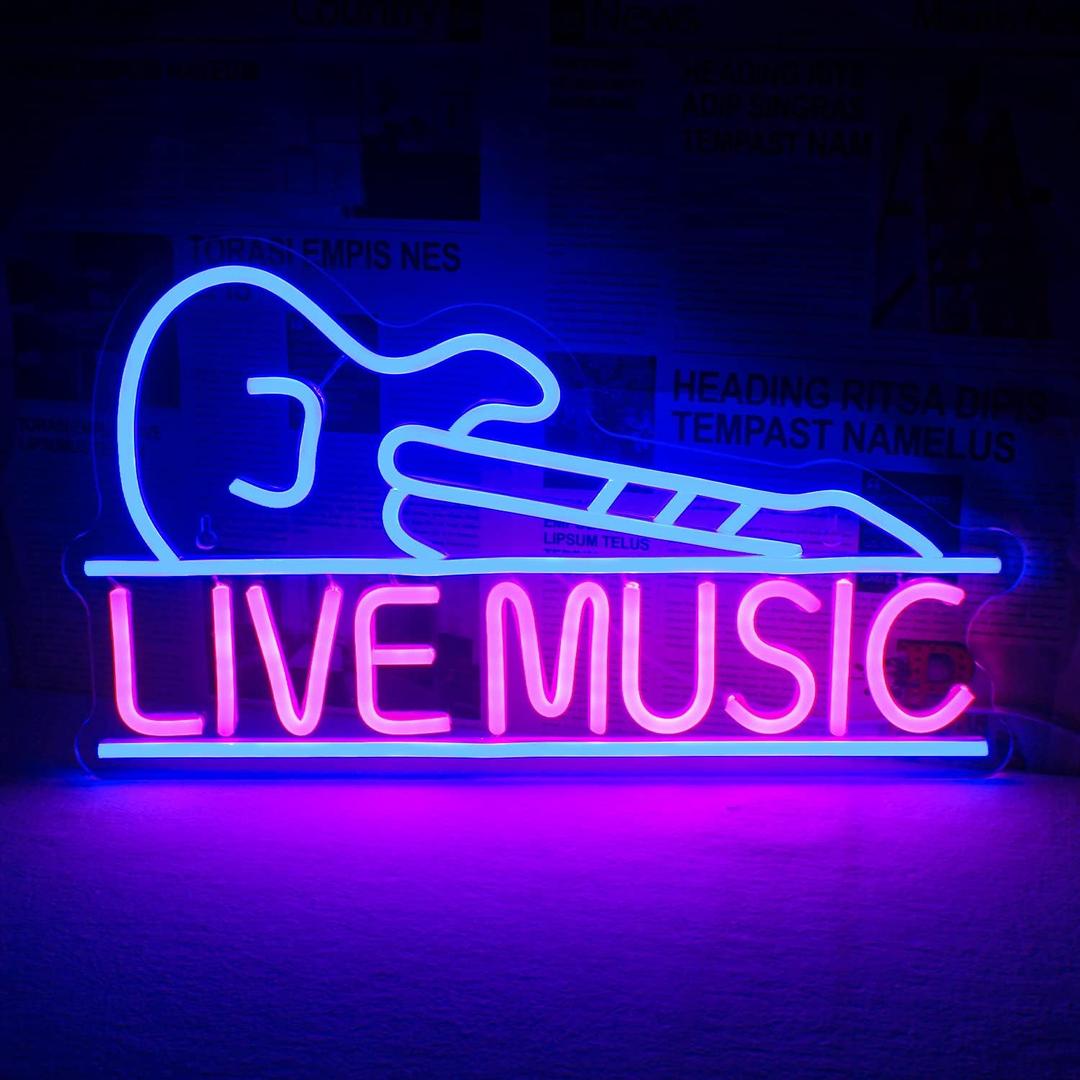 Horseneon Guitar Neon Signs for Wall Decor,Live Music Neon Lights for Bedroom,Guitar Led Light up Sign with USB Powered for Music Party, Bar, Club (pink&blue)