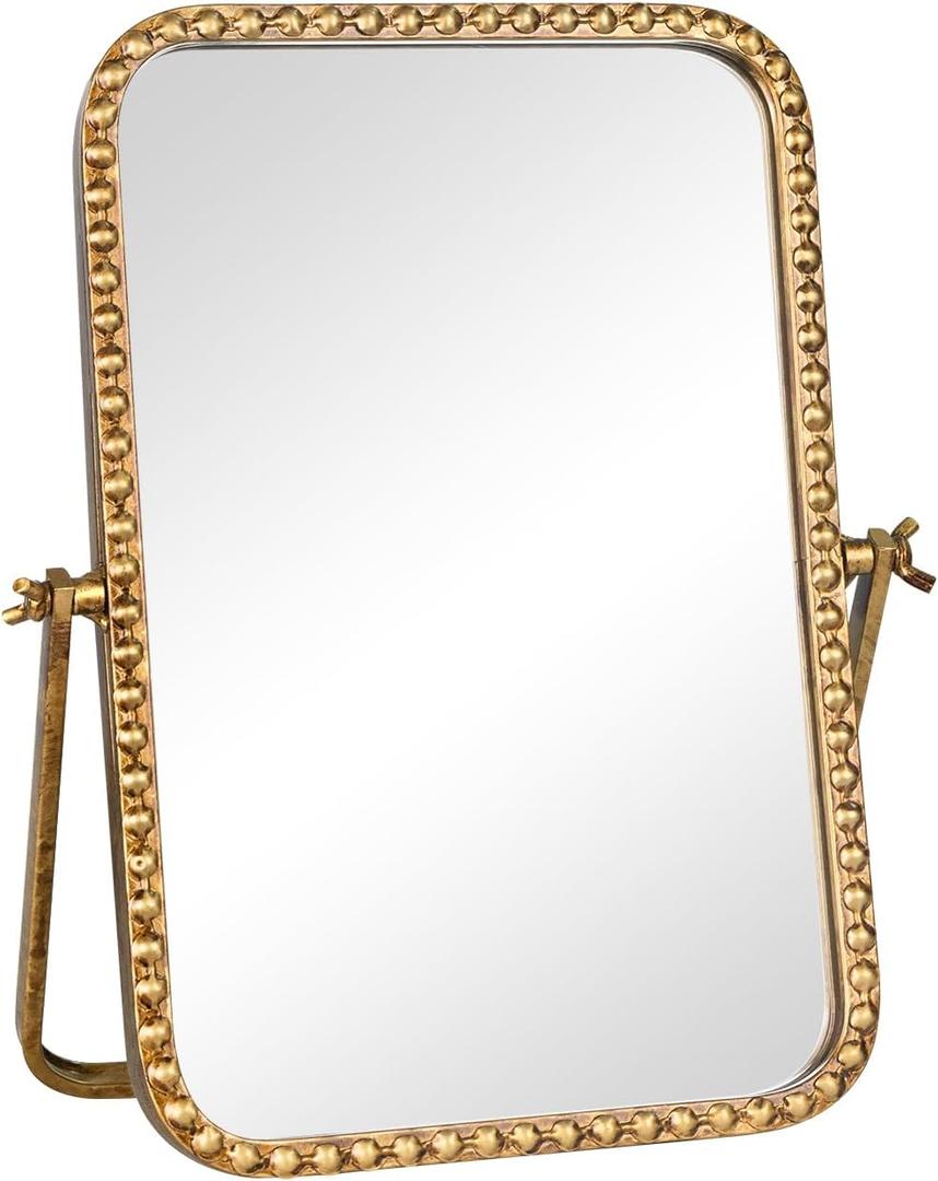 Vintage Desk Makeup Mirror, 12" L x 7.9" W Antique Gold Vanity Table Mirror, Metal Framed Rectangular Small Standing Mirror with Beaded, 360 Adjustable Rotation for Tabletop, Bedroom