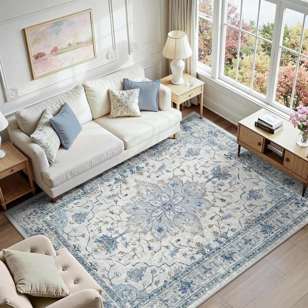 Area Rugs 6'x9' Washable Non-Slip, Floral Vintage Distress Print Pattern Medallion Carpet for Living Room Bedroom Dining Room, Light Blue Navy Beige Gray White