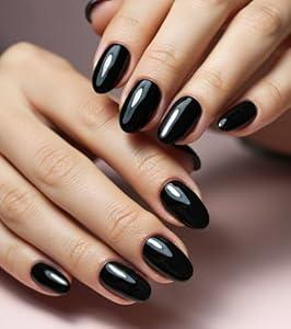 Morily Black Press on Nails - Glossy Short Oval Fake Stick on Nails, Reusable Full Cover Artificial False Fingernails for Women, 24 Pcs in 12 Sizes