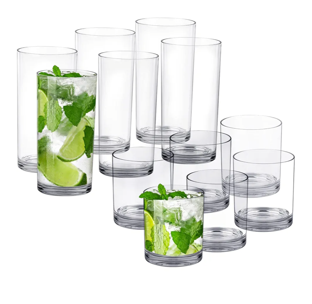 Tiawudi 12 Pack Plastic cups, Clear Tumblers, 6 each: 12 ounce and 16 ounce Water Drinking Cups, Reusable Drinking Glasses Set