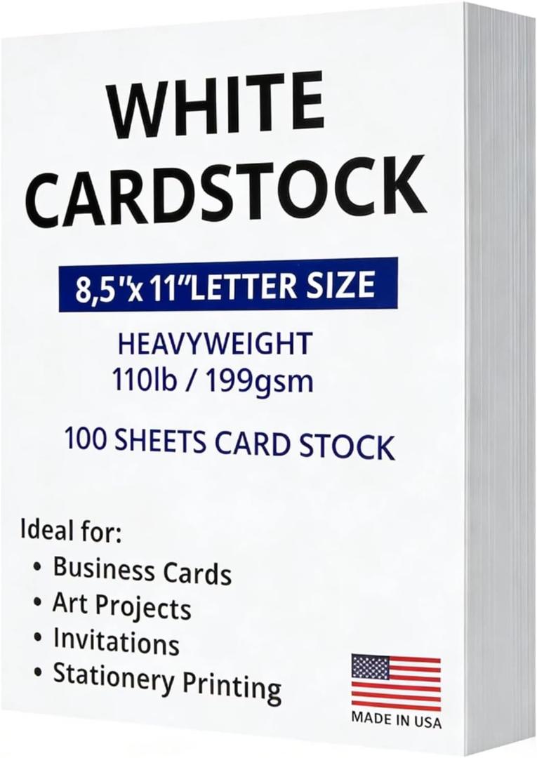 Veritas White Cardstock 8.5 x 11, 110LB/199GSM Heavyweight Card Stock, 100 Sheets, Thick Cardstock Printer Paper for Copy, Printing, Art Projects, Invitations, Made In USA