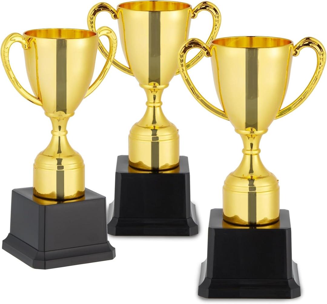 Blue Panda Trophy Award Cup Set - 3-Pack, 7-Inch Gold Plastic Cups - Mini Participation Trophies for Kids