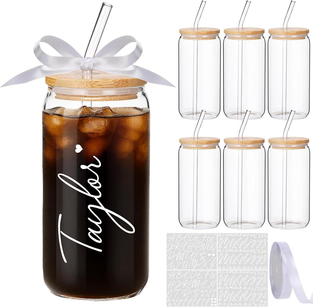 Skylety Personalized Glass Cups with Bamboo Lids and Glass Straws 16 oz Custom Gift Coffee Cups with Name Sticker Ribbon DIY Tumbler Gift for Birthday Proposal Bridal Shower(6 Set,Classic)