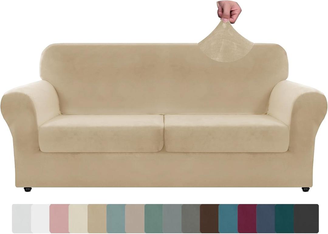 ZNSAYOTX Oversized Velvet 3 Piece Couch Cover with 2 Extra Large Seat Cushion Covers Stretch Sofa Cover for 2 Cushion Couch Thick Loveseat Sofa Slipcover for Living Room (Camel), 72"-92"(2 Cushions)