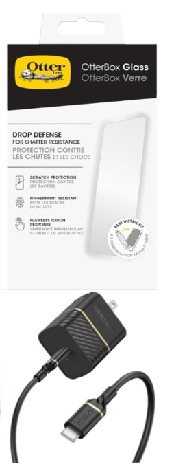 OtterBox iPhone 15 (Only) Bundle: - Glass Screen Protector - USB-C to USB-C Wall Charging Kit, 20W - Slim & Tough - Pocket-Friendly - with Port Protection