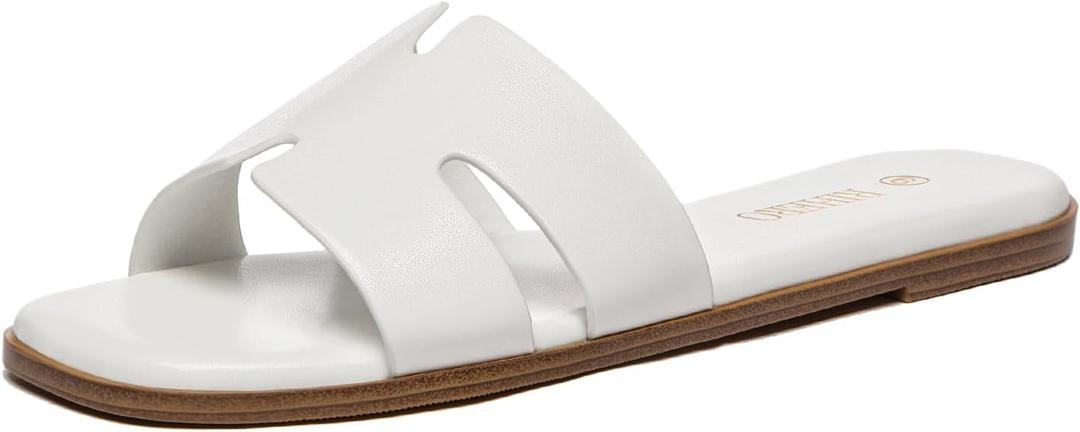 Rihero Women's Dressy Flat Sandals Comfortable Slip On Leather Slide Sandals (White, 7.5)
