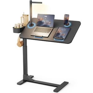 SAIJI Magnetic Overbed Bedside Table with Wheels, Height and 360 Angle Adjustable Over Bed Desk with Led Light, Portable Lengthened Rolling Laptop Standing Desk Mobile Bed Tables Hospital Home Use, 15.75 inches x 27.56 inches x 42.13 inches