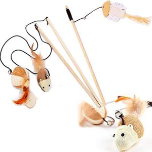 Natural Sisal Wand Teasers Exerciser for Cat Kitten with Mouse/Pumpkin/Fish Toy, Bell Feather Elastic String Sturdy Wood Rod-Toy for Cat