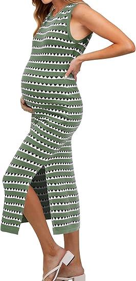 OUGES Women's 2025 Summer Maternity Dress Knit Sleeveless Crewneck Midi Dress Side Slit Striped Bodycon Sweater Dress, Color: Gray Green White Striped, M OUGES Women's 2025 Summer Maternity Dress Knit Sleeveless Crewneck Midi Dress Side Slit Striped Bodycon Sweater Dress, Color: Gray Green White Striped, M