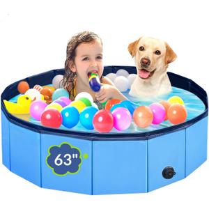 Dog Pool, Foldable Pet Swimming Pool with 6mm High-Strength PP Board, Hard Plastic Collapsible Doggy Pools for Small Dogs Kitty Duck, Non-Slip Doggie Bathtub Quick to Set Up and Drainage Hole, 63"